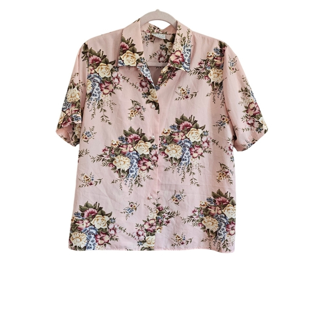 Vintage floral print Camp shirt Koret blouse pink ILGWU Union-Made size Medium